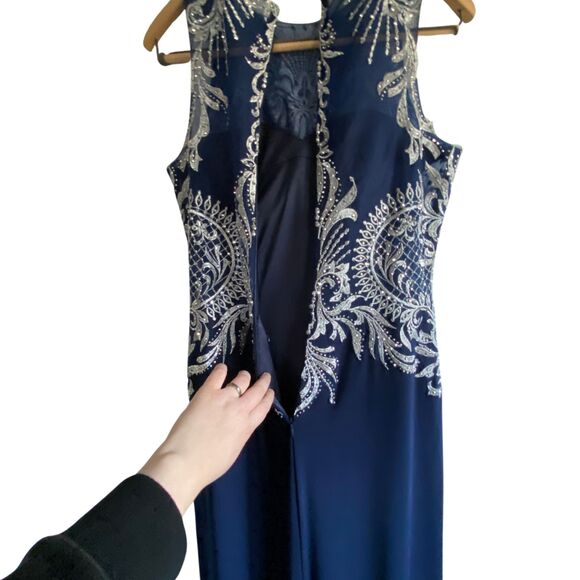 Cachet Navy Blue Rhinestone Beaded Embroidered Long Formal Dress Gown Prom sz 4 - Picture 8 of 13
